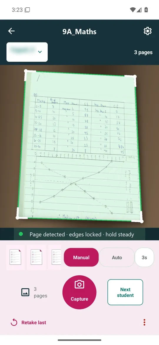 The scanning app with a page detected and its edges locked