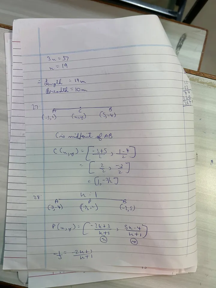 Student A’s handwritten working for questions 27 and 28